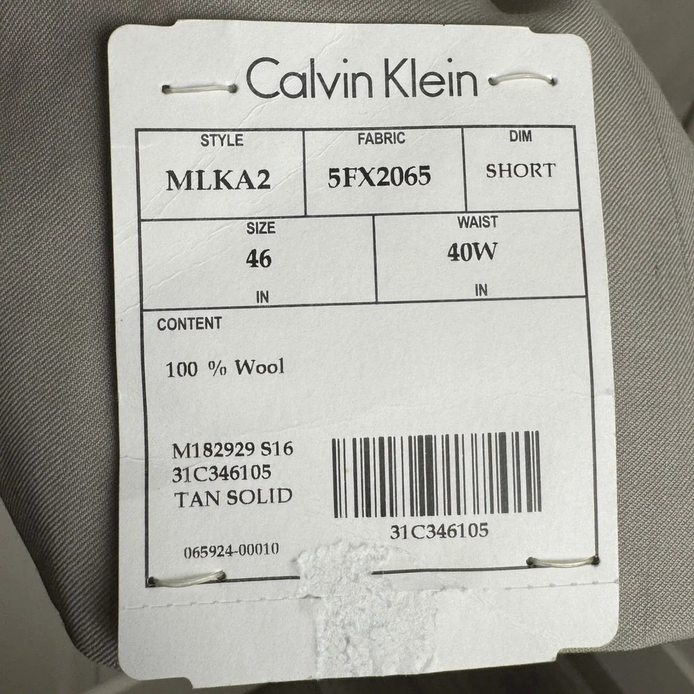 Calvin Klein Suit Jacket Mens 46S Tan Solid Slim Fit 100% Wool Two‎ Button NEW